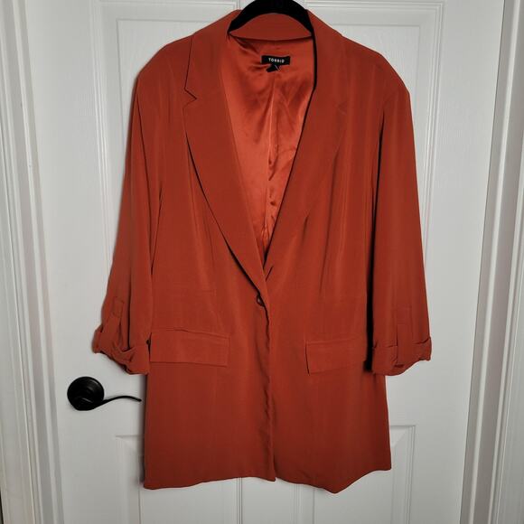 Torrid Blazer Womens 2X Rust Longline Boyfriend Single Button Roll Tab Sleeves - Picture 1 of 13